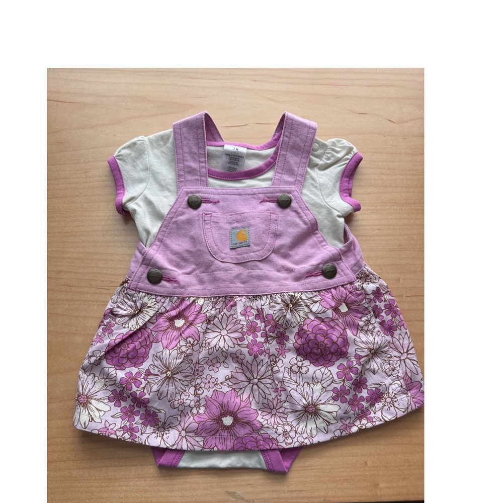 Carhartt Baby Girls 3M Floral Jumper Dress and Bodysuit 2 Piece Set Purple Cream